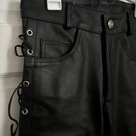 Leather Lace Up Side Pants Black XS Vintage Size 28 Tie ARD Champs Genuine Biker - Picture 4 of 11